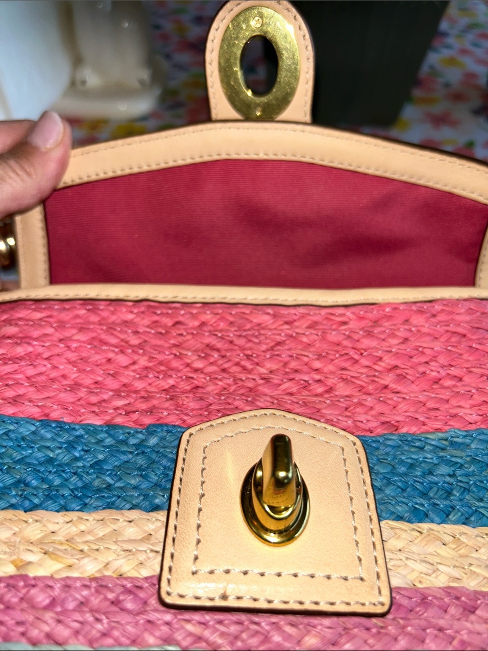 Coach Multicolor Woven Straw Clutch with Gold-Tone Turn Lock - Picture 12 of 16